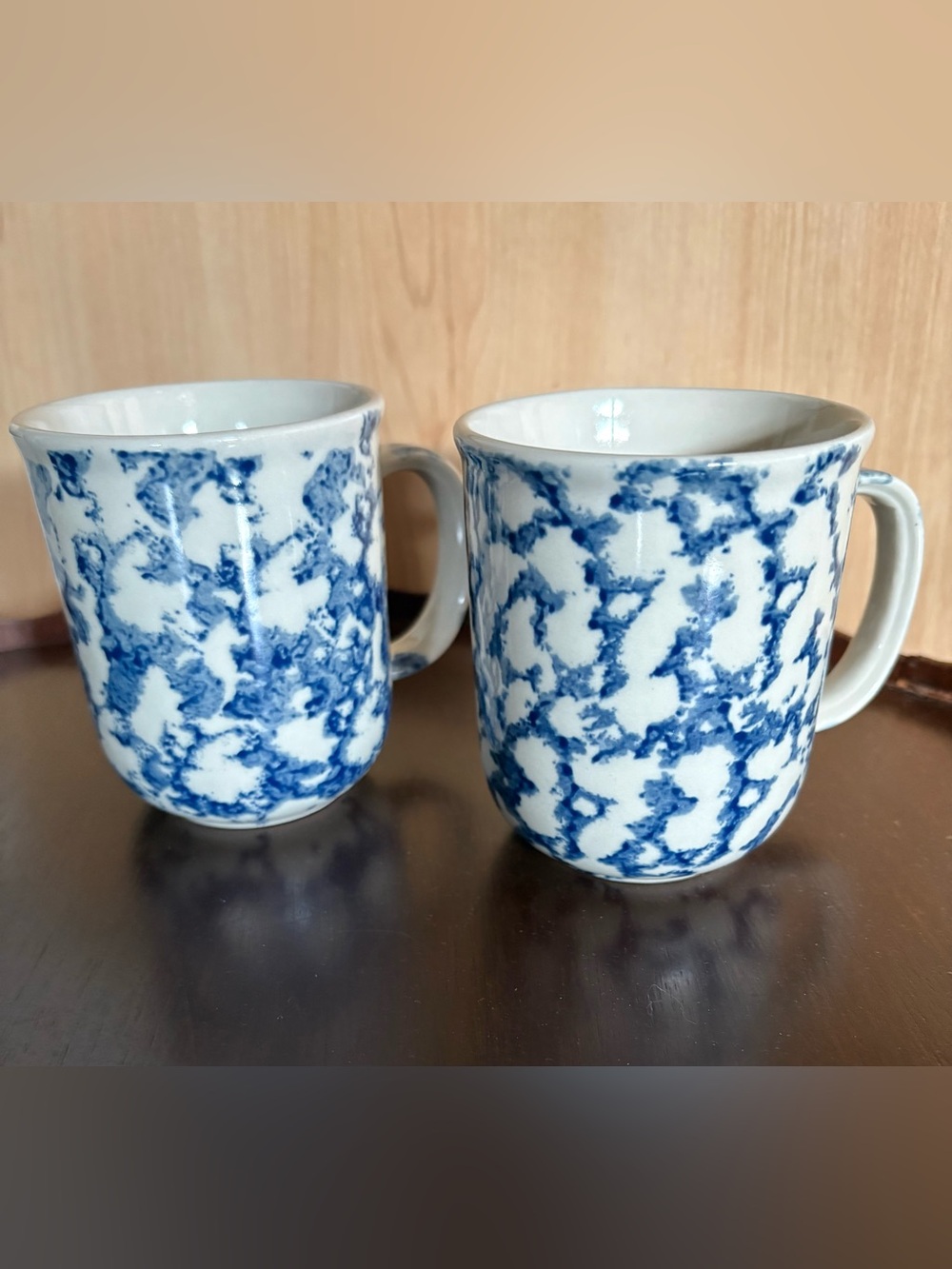 Vintage Pair of Tienshan Folk Craft Stoneware Mugs Blue Spongeware Mugs EUC